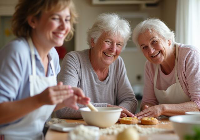 Seniors smiling while participating in a baking class at the farm.
