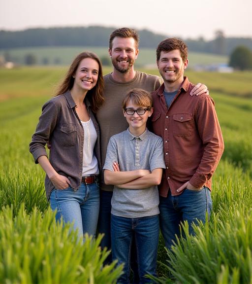 The founding family of Joyful Dawn Farms smiling in a field.