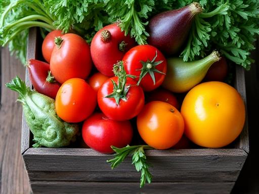 A rustic wooden crate overflowing with fresh organic vegetables.